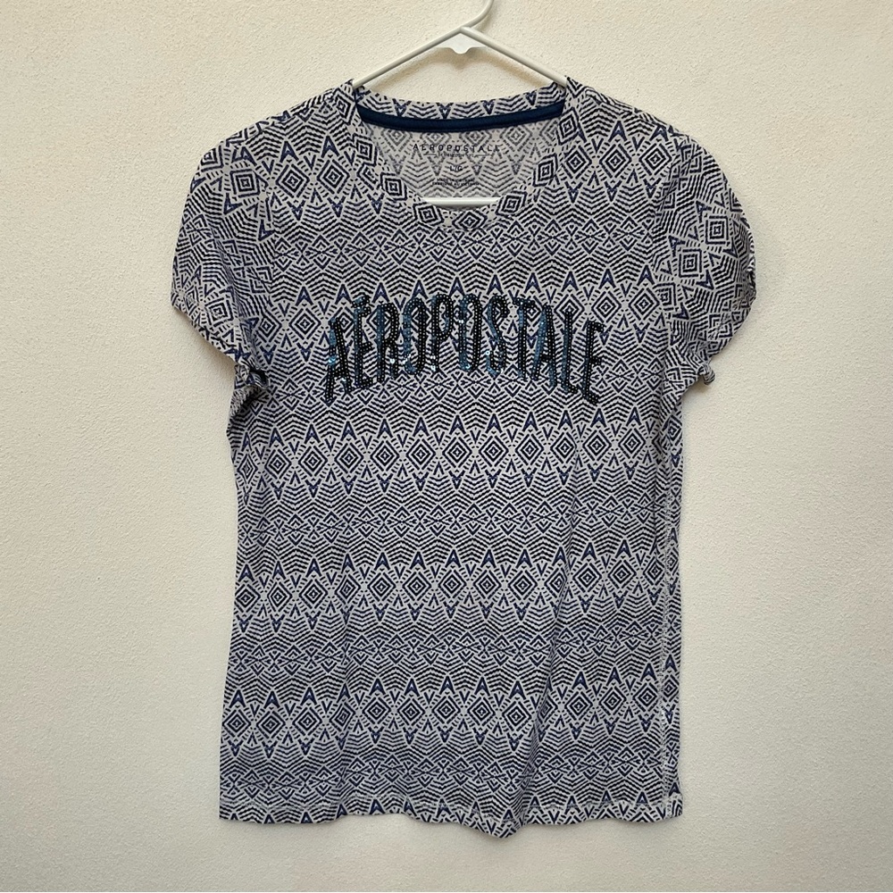Aeropostale Blue Geometric Sequin T-Shirt Y2K Size Large